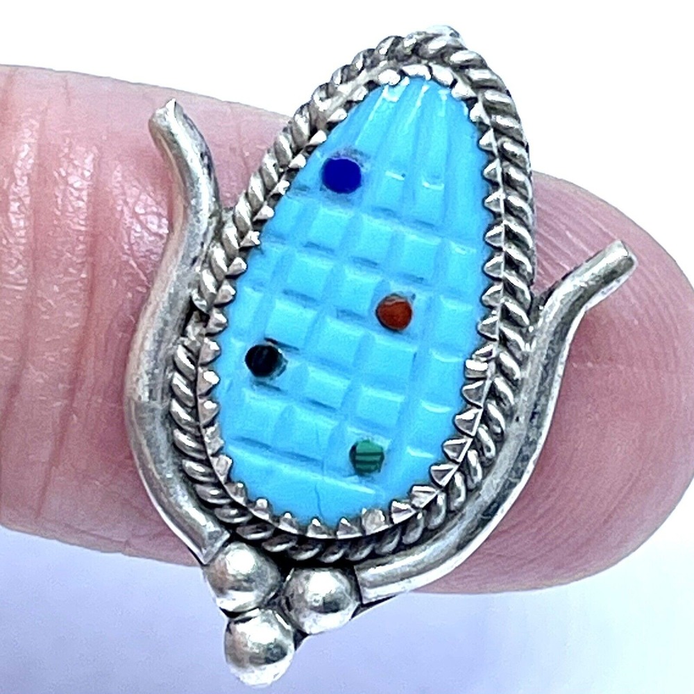 Zuni Inlay Indian Corn Maiden Pendant Carved Turquoise Native American Signed M